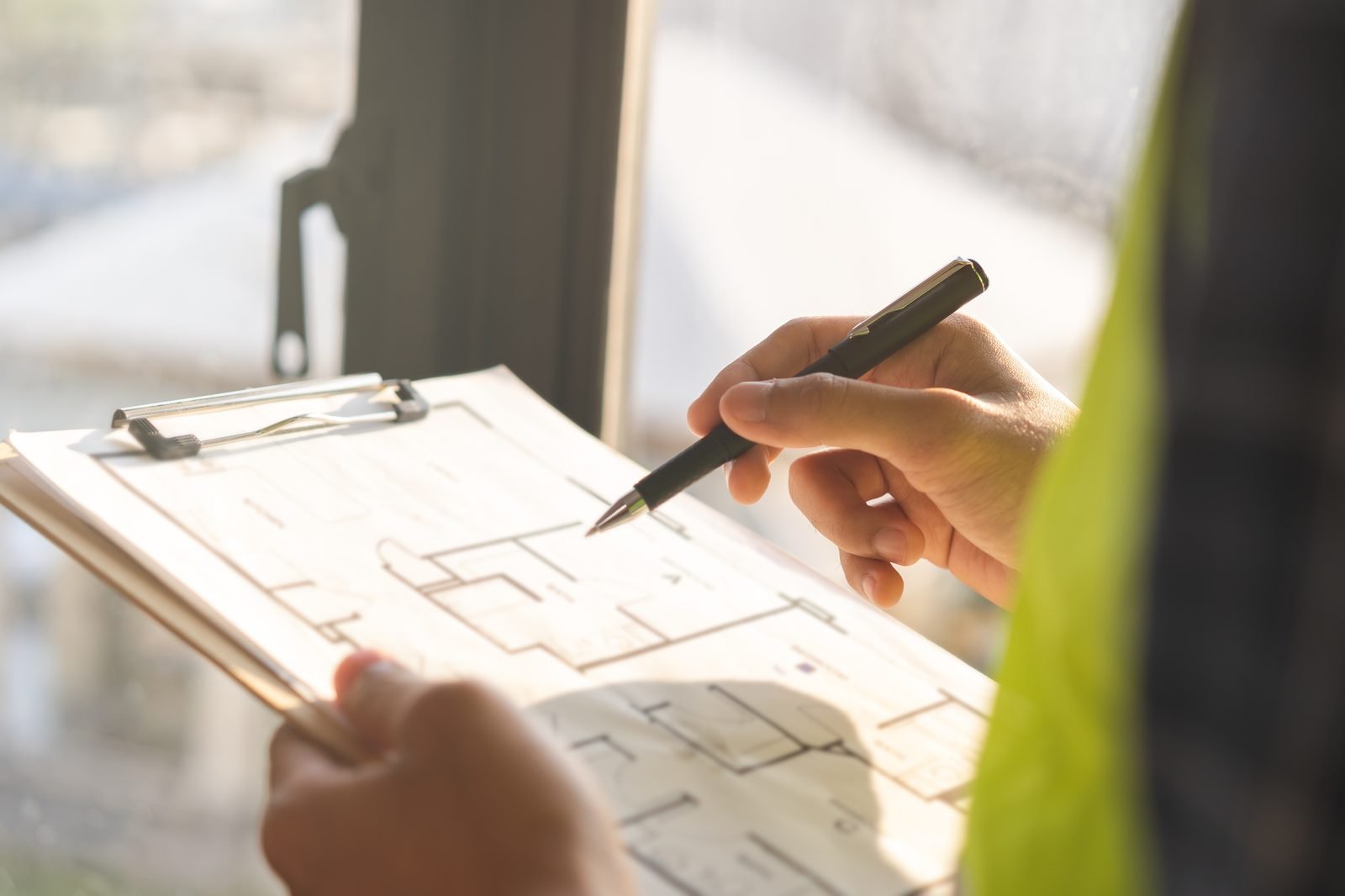 Inspector marking up plans on a clipboard