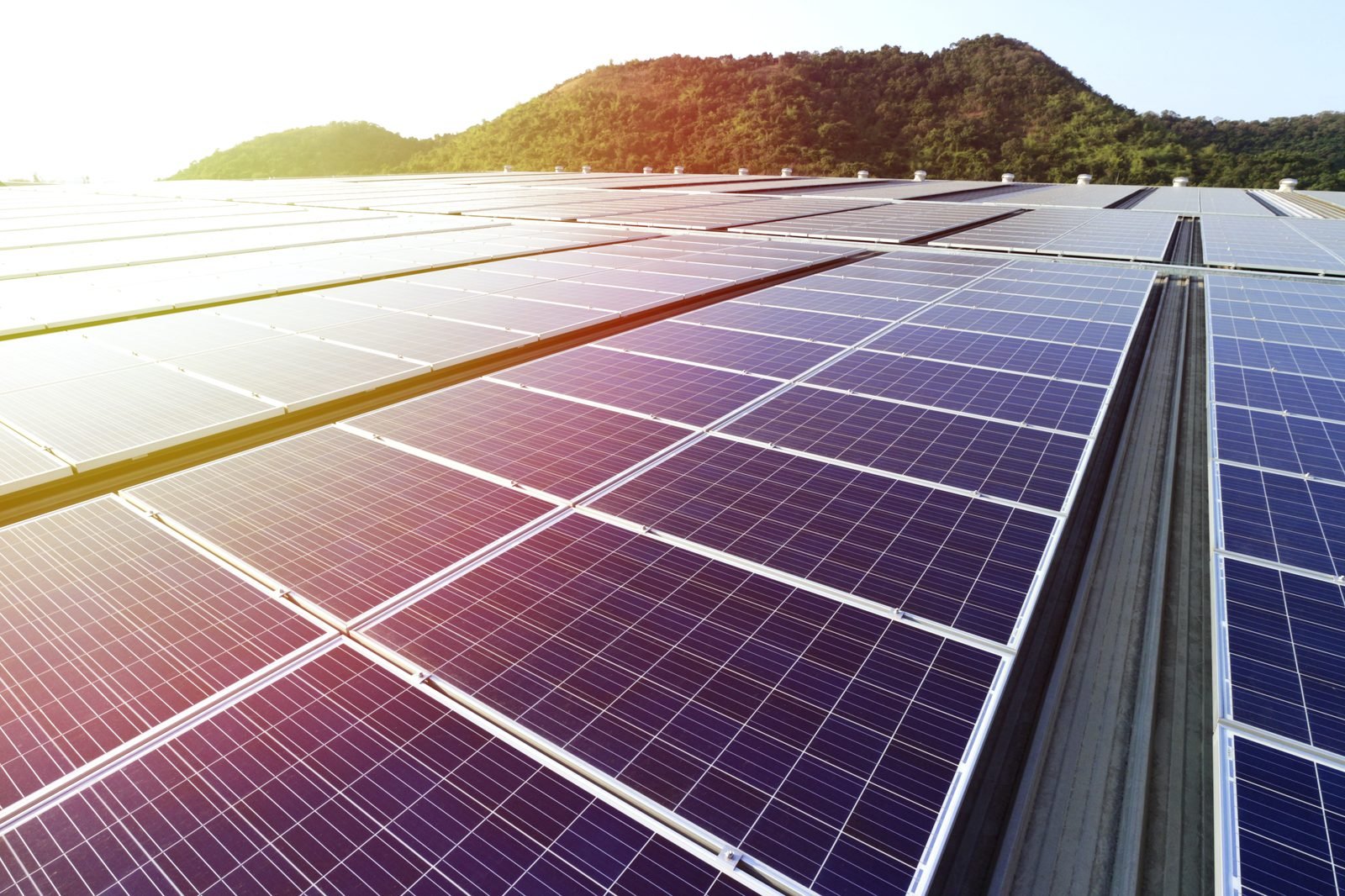Solar panel array on a commercial roof